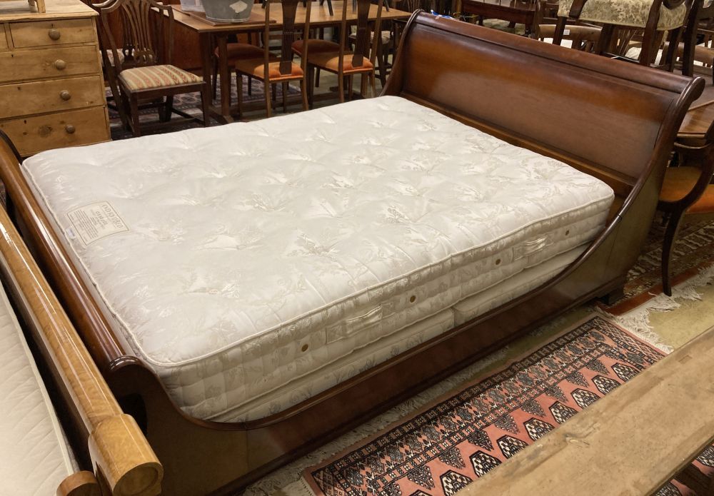 A reproduction French style mahogany sleigh bed, width 152cm together with an And So To Bed Oxbridge pocket sprung mattress